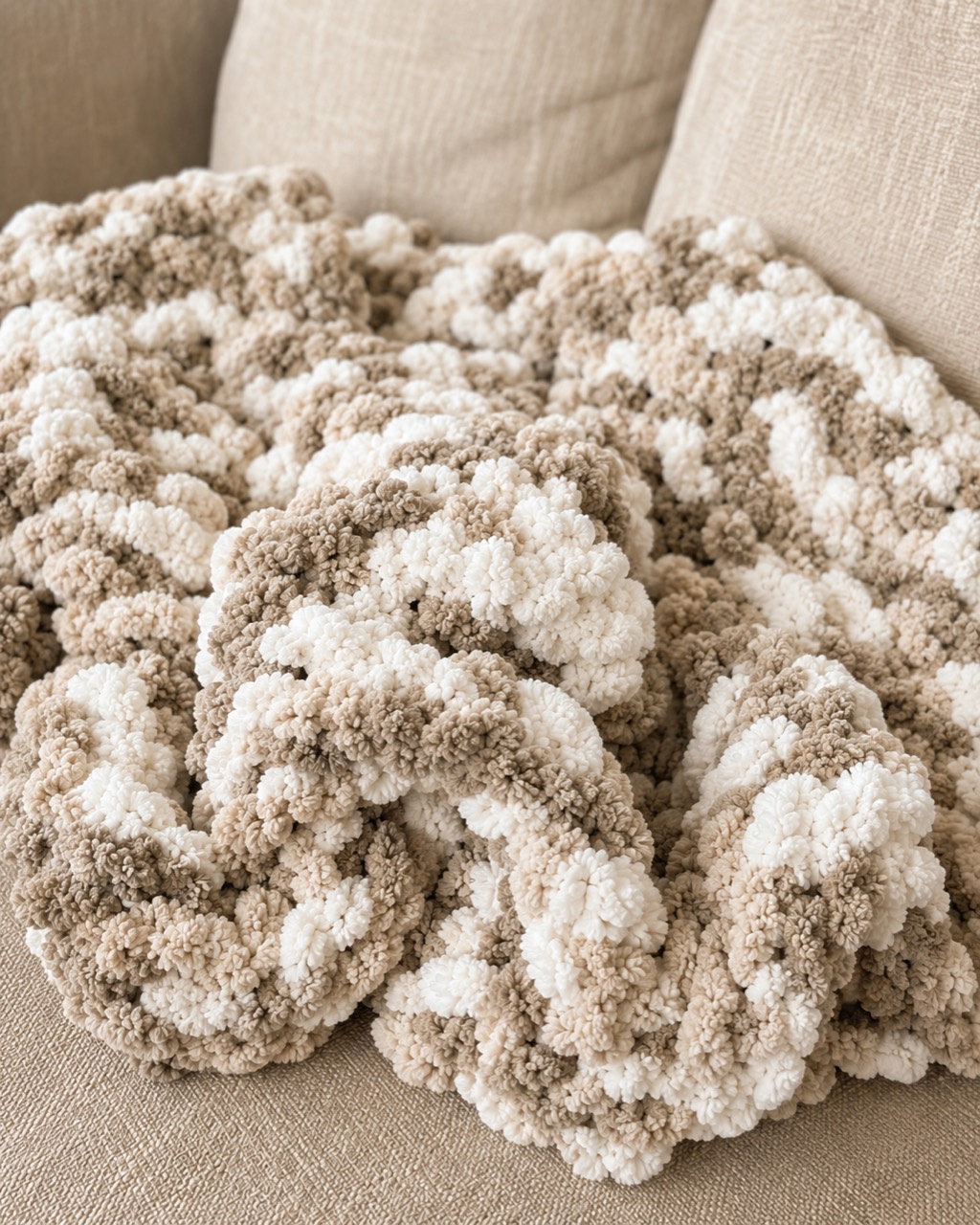 Close view of the cream and warm neutral loops in the Neutral Camo throw